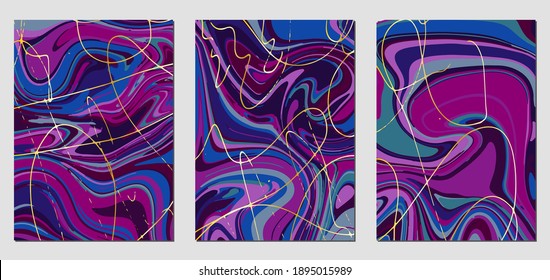 Conjunto de texturas con efecto de pintura acrílica fluida. Mármol líquido. Se puede utilizar para cualquier tipo de diseño: decoración de pared, postal, folleto, huella de moda, fondo, póster, cubierta. Plantilla de vectores.	