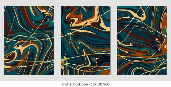 Conjunto de texturas con efecto de pintura acrílica fluida. Mármol líquido. Se puede utilizar para cualquier tipo de diseño: decoración de pared, postal, folleto, huella de moda, fondo, póster, cubierta. Plantilla de vectores.	