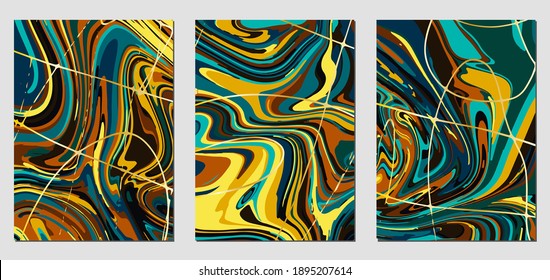 Conjunto de texturas con efecto de pintura acrílica fluida. Mármol líquido. Se puede utilizar para cualquier tipo de diseño: decoración de pared, postal, folleto, huella de moda, fondo, póster, cubierta. Plantilla de vectores.	