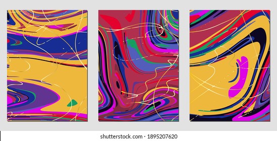 Set of textures with fluid acrylic paint effect. Liquid marble. Can be used for any kind of a design:wall decoration, postcard, brochure, fashion print, background, poster, cover. Vector template.	