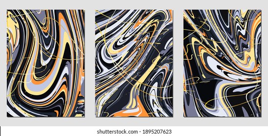 Set of textures with fluid acrylic paint effect. Liquid marble. Can be used for any kind of a design:wall decoration, postcard, brochure, fashion print, background, poster, cover. Vector template.	