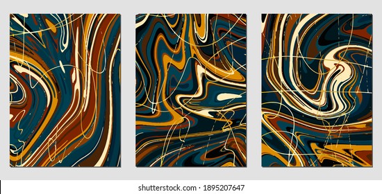 Set of textures with fluid acrylic paint effect. Liquid marble. Can be used for any kind of a design:wall decoration, postcard, brochure, fashion print, background, poster, cover. Vector template.	
