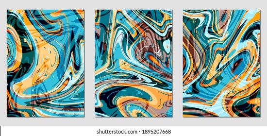 Set of textures with fluid acrylic paint effect. Liquid marble. Can be used for any kind of a design:wall decoration, postcard, brochure, fashion print, background, poster, cover. Vector template.	
