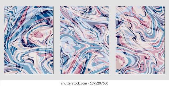 Satz von Texturen mit flüssigem Acrylfarbeffekt. Flüssiger Marmor. Kann für jede Art von Design verwendet werden: Wanddekoration, Postkarte, Broschüre, Modedruck, Hintergrund, Poster, Deckel. Vektorvorlage.	