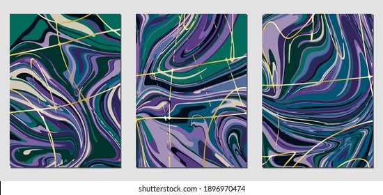 Set of textures with fluid acrylic paint effect. Liquid marble. Can be used for any kind of a design:wall decoration, postcard, brochure, fashion print, background, poster, cover. Vector template.	