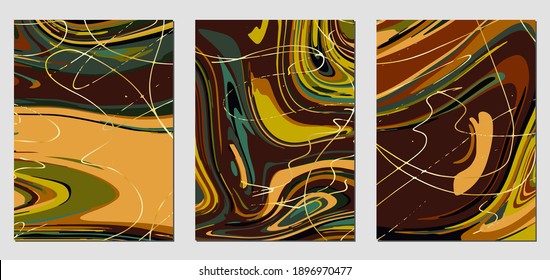 Satz von Texturen mit flüssigem Acrylfarbeffekt. Flüssiger Marmor. Kann für jede Art von Design verwendet werden: Wanddekoration, Postkarte, Broschüre, Modedruck, Hintergrund, Poster, Deckel. Vektorvorlage.	