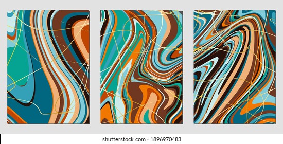 Satz von Texturen mit flüssigem Acrylfarbeffekt. Flüssiger Marmor. Kann für jede Art von Design verwendet werden: Wanddekoration, Postkarte, Broschüre, Modedruck, Hintergrund, Poster, Deckel. Vektorvorlage.	