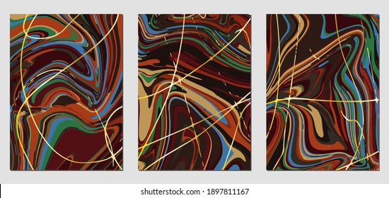 Set of textures with fluid acrylic paint effect. Liquid marble. Can be used for any kind of a design:wall decoration, postcard, brochure, fashion print, background, poster, cover. Vector template.	