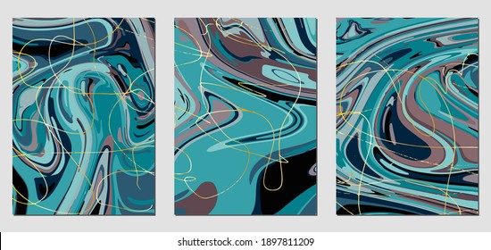 Set of textures with fluid acrylic paint effect. Liquid marble. Can be used for any kind of a design:wall decoration, postcard, brochure, fashion print, background, poster, cover. Vector template.	