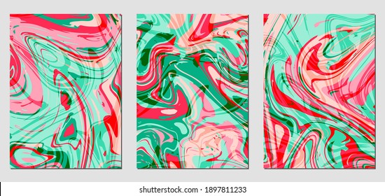 Set of textures with fluid acrylic paint effect. Liquid marble. Can be used for any kind of a design:wall decoration, postcard, brochure, fashion print, background, poster, cover. Vector template.	