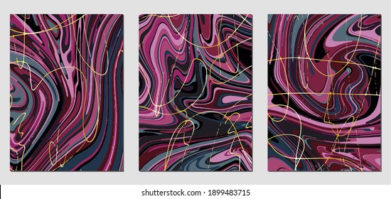 Set of textures with fluid acrylic paint effect. Liquid marble. Can be used for any kind of a design:wall decoration, postcard, brochure, fashion print, background, poster, cover. Vector template.	
