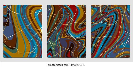 Set of textures with fluid acrylic paint effect. Liquid marble. Can be used for any kind of a design:wall decoration, postcard, brochure, fashion print, background, poster, cover. Vector template.	