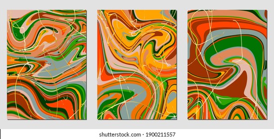 Satz von Texturen mit flüssigem Acrylfarbeffekt. Flüssiger Marmor. Kann für jede Art von Design verwendet werden: Wanddekoration, Postkarte, Broschüre, Modedruck, Hintergrund, Poster, Deckel. Vektorvorlage.	