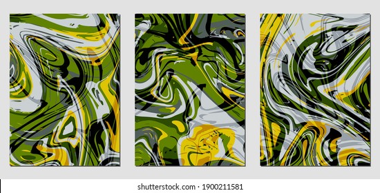 Conjunto de texturas con efecto de pintura acrílica fluida. Mármol líquido. Se puede utilizar para cualquier tipo de diseño: decoración de pared, postal, folleto, huella de moda, fondo, póster, cubierta. Plantilla de vectores.	