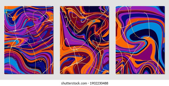 Set of textures with fluid acrylic paint effect. Liquid marble. Can be used for any kind of a design:wall decoration, postcard, brochure, fashion print, background, poster, cover. Vector template.	