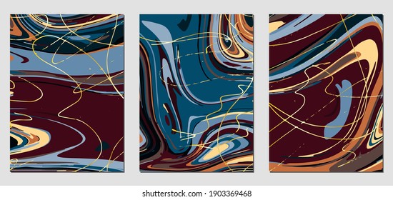 Set of textures with fluid acrylic paint effect. Liquid marble. Can be used for any kind of a design:wall decoration, postcard, brochure, fashion print, background, poster, cover. Vector template.	