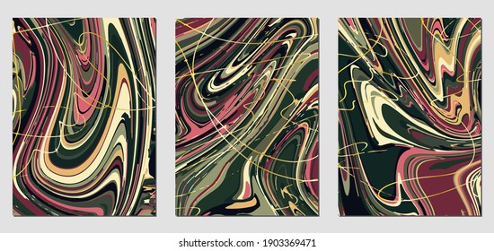 Set of textures with fluid acrylic paint effect. Liquid marble. Can be used for any kind of a design:wall decoration, postcard, brochure, fashion print, background, poster, cover. Vector template.	