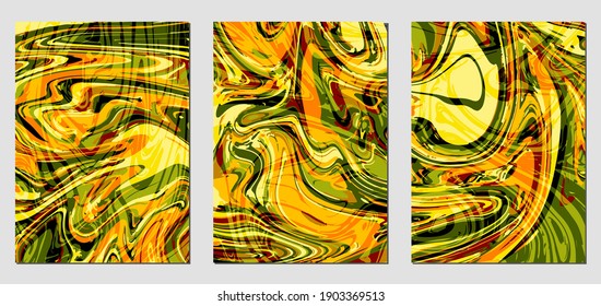 Set of textures with fluid acrylic paint effect. Liquid marble. Can be used for any kind of a design:wall decoration, postcard, brochure, fashion print, background, poster, cover. Vector template.	