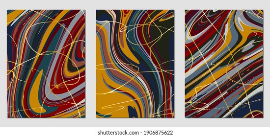 Set of textures with fluid acrylic paint effect. Liquid marble. Can be used for any kind of a design:wall decoration, postcard, brochure, fashion print, background, poster, cover. Vector template.	