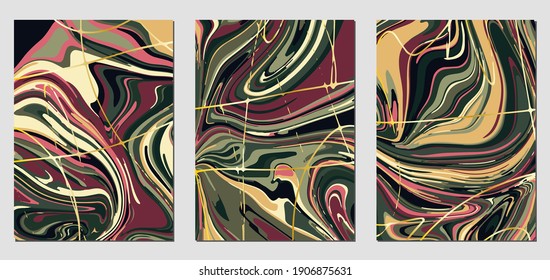 Set of textures with fluid acrylic paint effect. Liquid marble. Can be used for any kind of a design:wall decoration, postcard, brochure, fashion print, background, poster, cover. Vector template.	