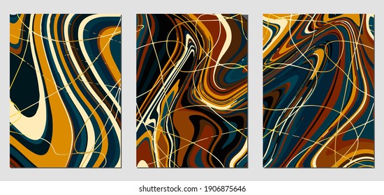 Set of textures with fluid acrylic paint effect. Liquid marble. Can be used for any kind of a design:wall decoration, postcard, brochure, fashion print, background, poster, cover. Vector template.	