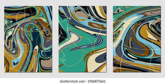 Set of textures with fluid acrylic paint effect. Liquid marble. Can be used for any kind of a design:wall decoration, postcard, brochure, fashion print, background, poster, cover. Vector template.	