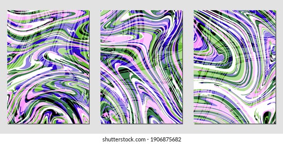 Conjunto de texturas con efecto de pintura acrílica fluida. Mármol líquido. Se puede utilizar para cualquier tipo de diseño: decoración de pared, postal, folleto, huella de moda, fondo, póster, cubierta. Plantilla de vectores.	