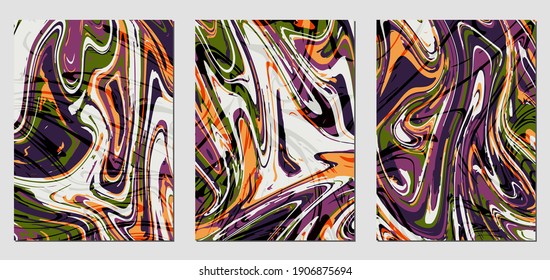 Set of textures with fluid acrylic paint effect. Liquid marble. Can be used for any kind of a design:wall decoration, postcard, brochure, fashion print, background, poster, cover. Vector template.	