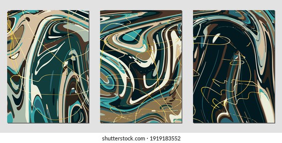 Satz von Texturen mit flüssigem Acrylfarbeffekt. Flüssiger Marmor. Kann für jede Art von Design verwendet werden: Wanddekoration, Postkarte, Broschüre, Modedruck, Hintergrund, Poster, Deckel. Vektorvorlage.	
