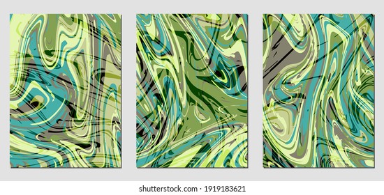 Conjunto de texturas con efecto de pintura acrílica fluida. Mármol líquido. Se puede utilizar para cualquier tipo de diseño: decoración de pared, postal, folleto, huella de moda, fondo, póster, cubierta. Plantilla de vectores.	