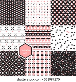Set of textures with hearts. Seamless geometric abstract patterns. Can be used in textiles, for book design, website background.