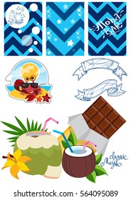 A set of textures and images with chocolate and coconut cocktail. Seamless patterns, banners. Sticker crab.