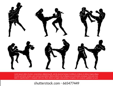 Set of Thai Boxing Silhouettes in Action