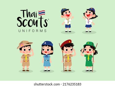 Un conjunto de exploradores tailandeses de niños y niñas uniformes de ilustración vectorial. Ropa de los Scouts tailandeses