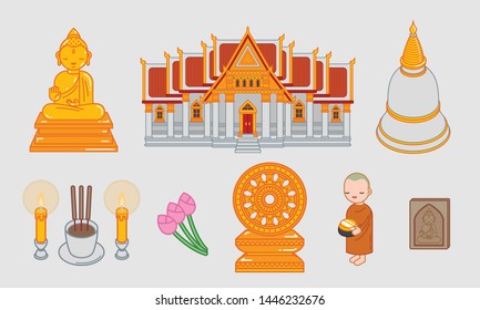 Set of Thai Buddhism Symbols Isolated on White background - Vector Illustration