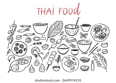Situado com esboço da cozinha tailandesa em fundo isolado. Banner com comida nacional da Tailândia com arroz jasmim, frutos do mar, macarrão, peixe, Tom Yum Kung, Som Tam, camarão, manga, sobremesas. Ilustração vetorial