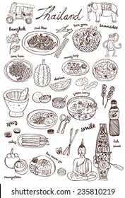 Set of Thai food and icons doodles, vector