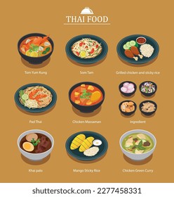 Set of thai food menu. Asia street food illustration background.