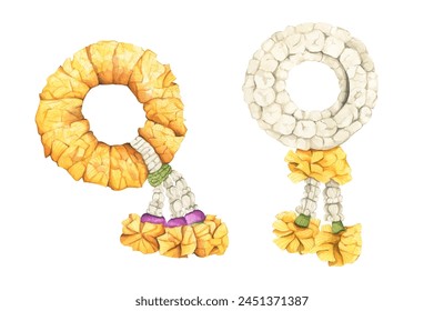 Set of Thai garland colorful flower for Mother's day, Songkran festival or religion buddhism observation day. Phuang malai thai floral garland flowers. Watercolor illustration.