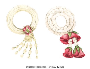 Set of Thai garland colorful flower for Mother's day, Songkran festival or religion buddhism observation day. Phuang malai thai floral garland flowers. Watercolor illustration.