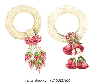 Set of Thai garland colorful flower for Mother's day, Songkran festival or religion buddhism observation day. Phuang malai thai floral garland flowers. Watercolor illustration.