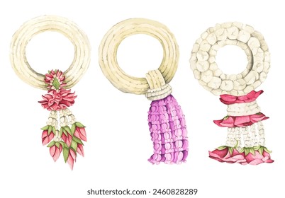 Conjunto de guirnalda tailandesa colorida flor para el día de la madre, el festival Songkran o el día de observación del budismo de religión. Flores de guirnalda floral Phuang malai thai. Ilustración de acuarela.