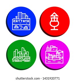 Set of thai icons such as Pattaya, Mai thai, Skytrain, Floating market , thai