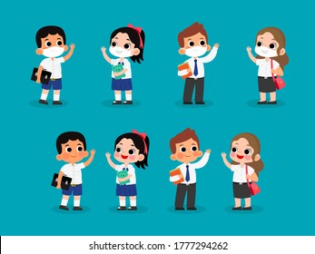 Set Of Thai Middle School And University Student Uniforms Vector Illustration. Wearing Mask And Without Mask Character