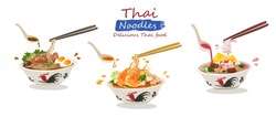 Set Di Spaghetti Tailandesi; Noodle Tom Yum Kung, Yen Ta Fo Noodle E Spaghetti Di Maiale Brasati. Illustrazione Vettoriale Su Sfondo Bianco.