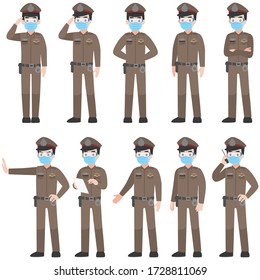 Set of Thai police in brown uniform with New normal life wearing a surgical protective Medical mask and goggles for prevent coronavirus. character pose front side turn around cartoon, Health care.