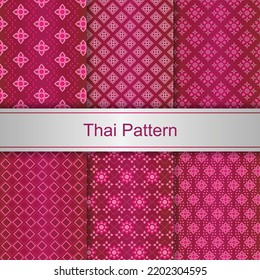 Set Thai seamless pattern on dark pink background. Vector illustration.