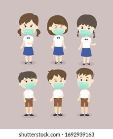 Set Thai Studens wearing Mask Vector