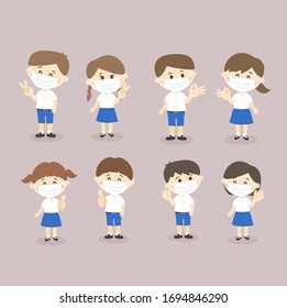 Set Thai Students wearing Mask Vector