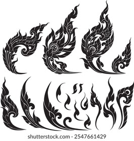 A set of Thai traditional flame patterns inspired by cultural art, featuring elegant curves, floral motifs, and intricate details. Perfect for tattoos, designs, decorations